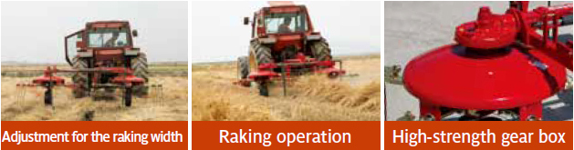 Tedder & Rales Adjustment for the raking width, Raking operation, High-strength gear box 